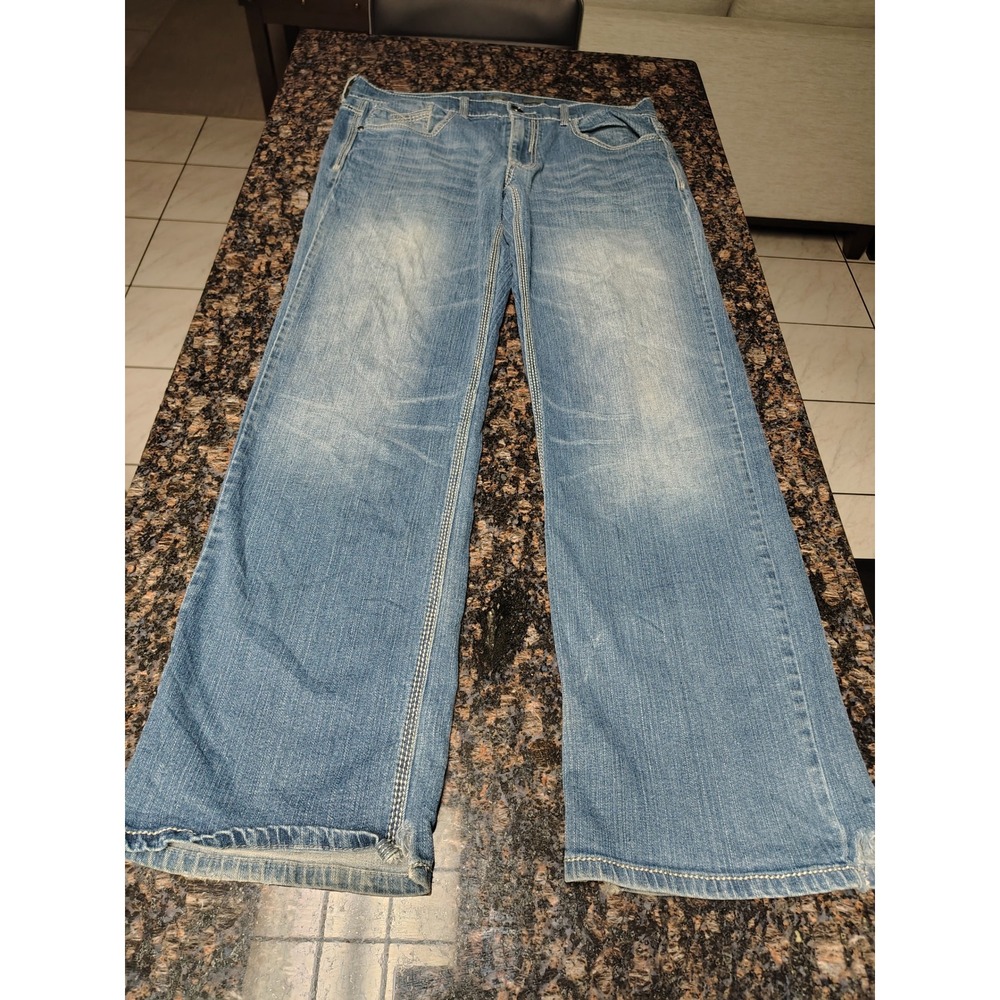 Helix Mens Loose Straight Leg Jeans 34W 32L Medium Wash Contrast Stitch Denim